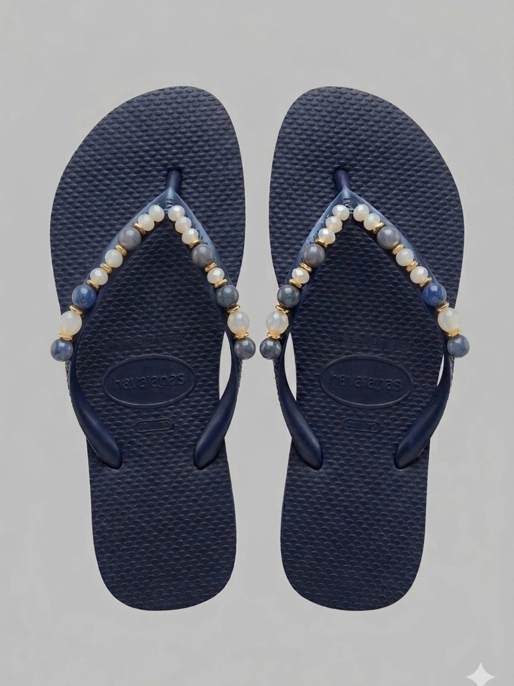 Havaianas Navy Flip Flops with Pearl and Blue Bead Accents